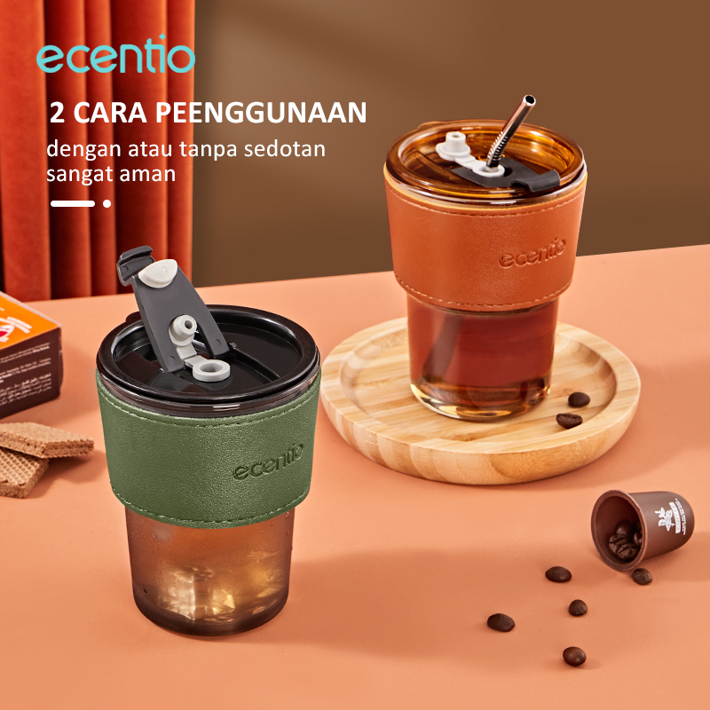 ecentio Tumbler Kaca Motif 400ml  Bening Anti Bocor Botol Minum dengan Tutup Tumblr Gelas Kaca custom Gratis Sedotan Kado ramadhan Gelas Serbaguna