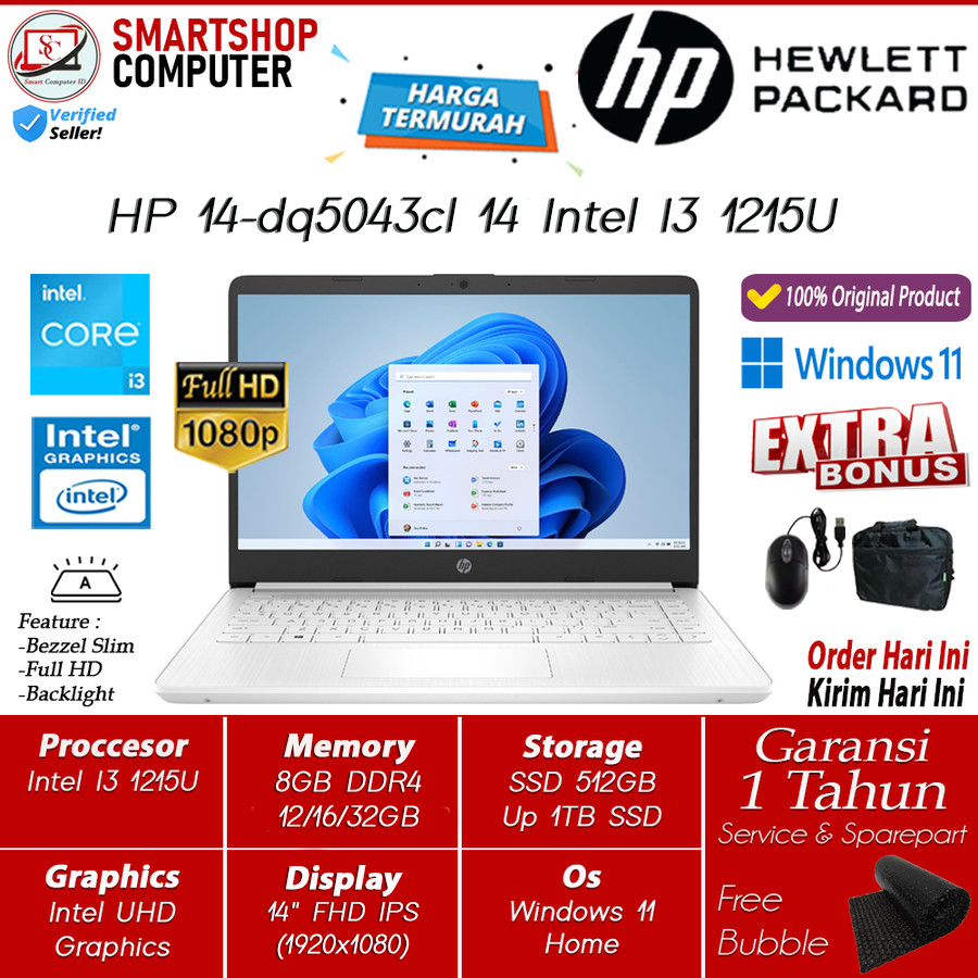 Laptop HP 14 Intel Core I3 1215U UHD Graphics 8GB 512GB FHD IPS Windows 11 Terlaris