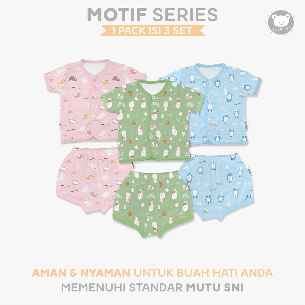 Fluffy Stelan Baju Lengan Pendek Kancing Depan Celana Panjang Pendek (0-3 Bulan) Isi 3 Pcs