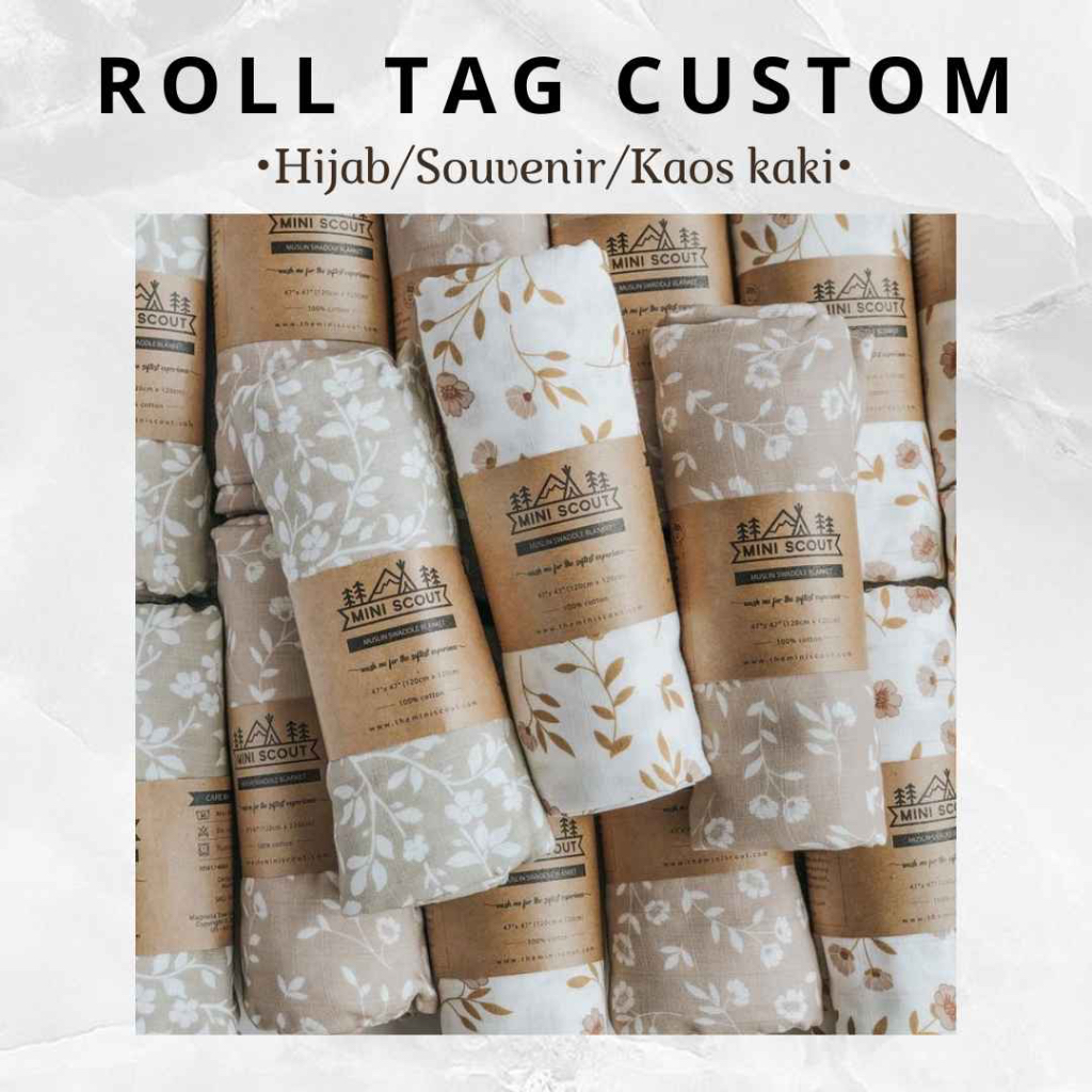 Roll Tag Label 20cmx5cm Custome Logo Kraft Coklat Full Print Warna Hijab Handuk Kaos Kaki Souvenir Premium Tebal Murah Tipis Besar Kecil Panjang Pendek Perekat Free Design 20x5 Kertas Hang Tag Label