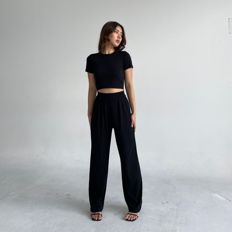 GEMMA SET | Setelan Wanita Ribbed Knit Set Crop Top Lengan Celana Panjang Highwaist Highwaisted Pants