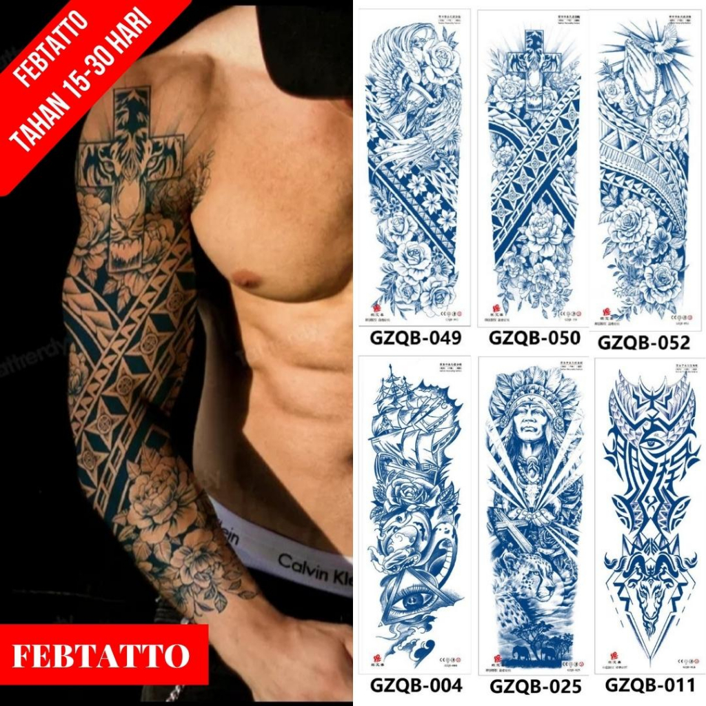 FRUIT INK Tato Semi Pemanent Tahan 1 Bulan Ukuran 17 X 48cm Motif Aesthetic Tatto Temporary Stiker Tato Halal Grosir Tato air motif sayap tribal, salib tribal, bunga tribal, iluminati, kepala kambing tribal GZQB 050