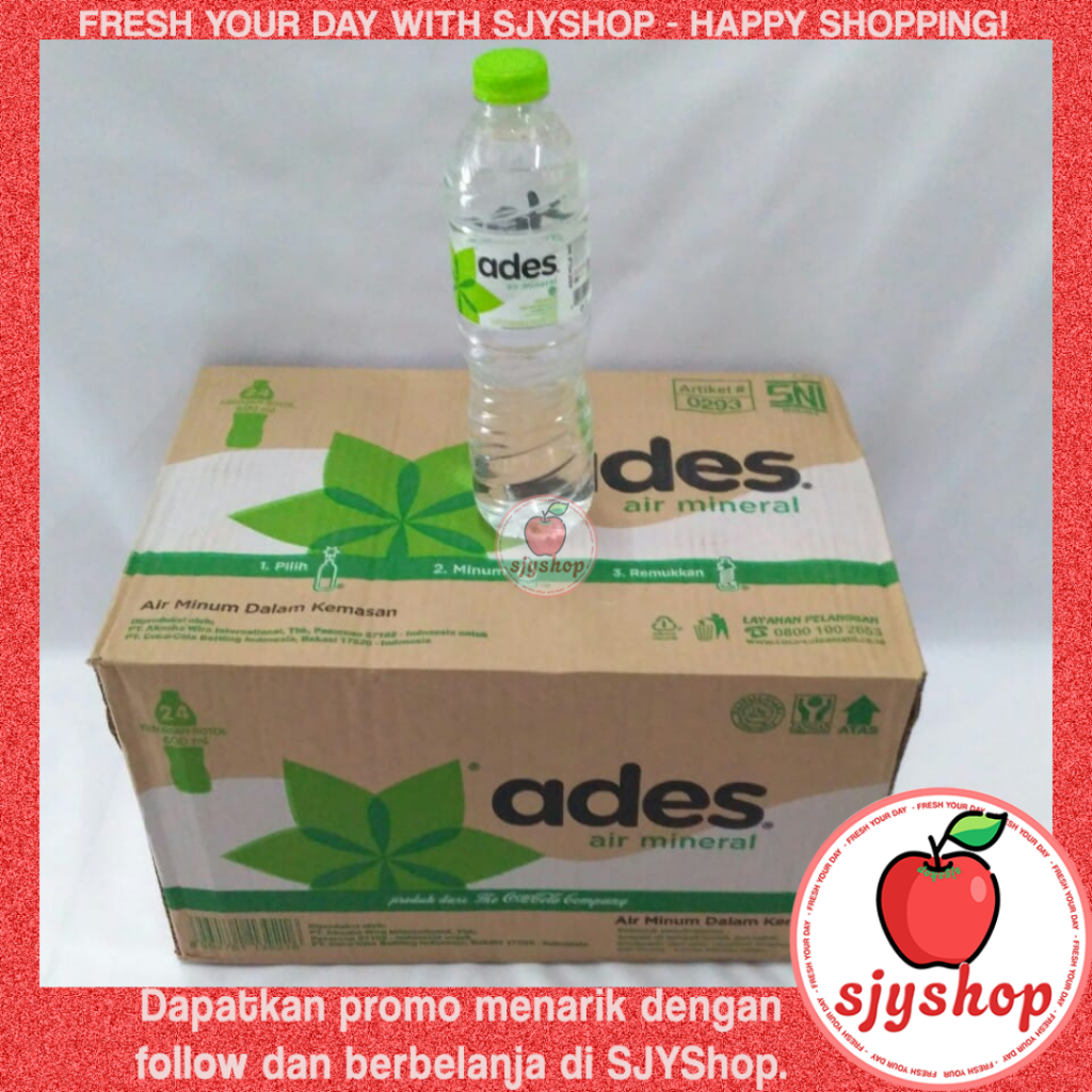 

ADES Air Mineral Botol Higienis 600 ml / Air Minum dalam Kemasan Berkualitas 1 Karton ( 24 Botol x 600 ml ) - Ready INSTAN / SJYShop