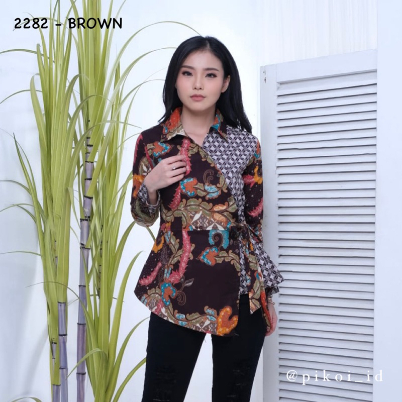 Baju batik lengan panjang / atasan batik kimono modern berkerah / seragam baju batik hijab 2282