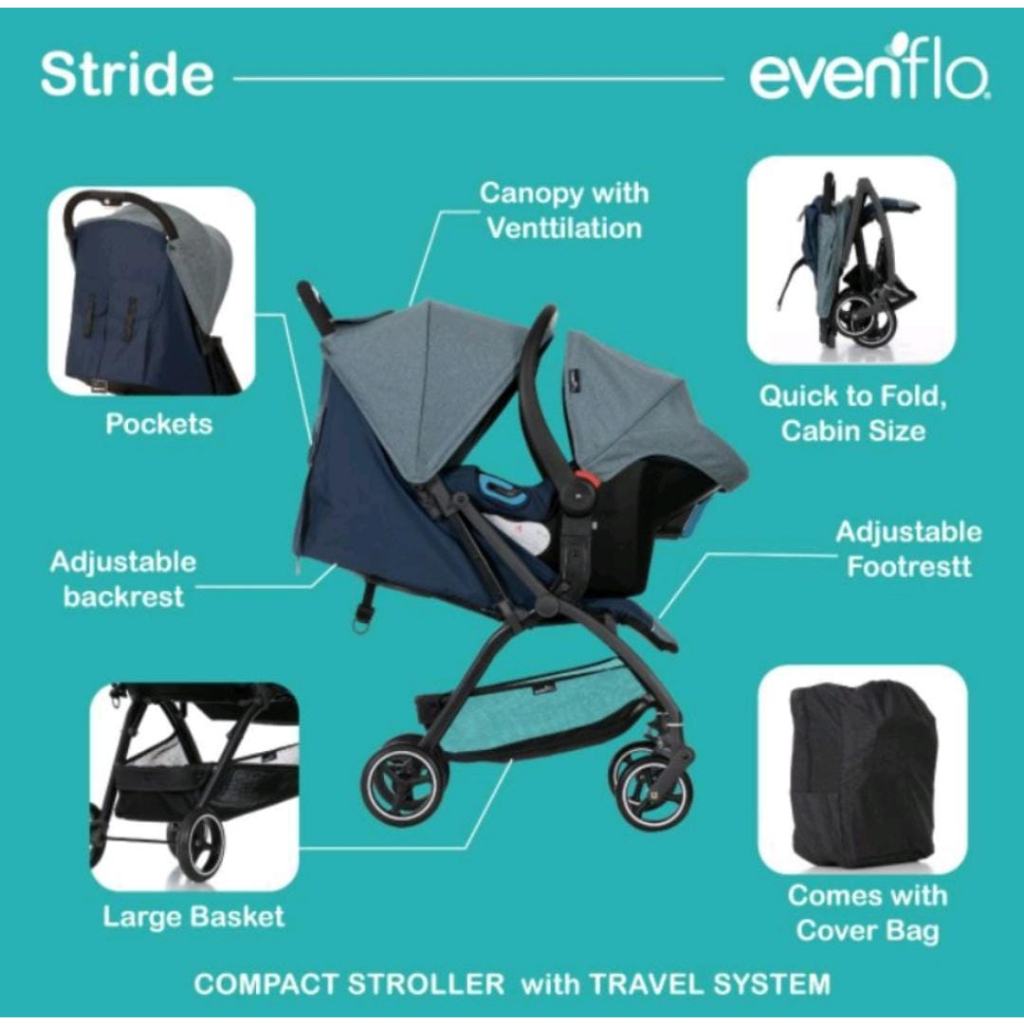Cocolatte Evenflo Stride Travel System D639E01+CS28+A002 - Kereta Dorong Anak Dengan Car Seat T/SEV-D639E01