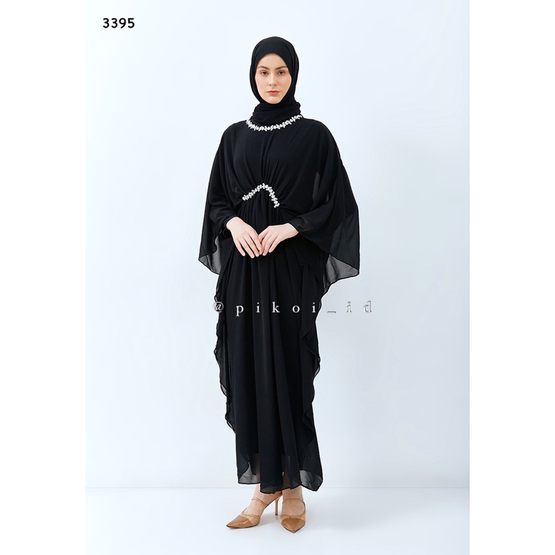 Long dress panjang wanita putih hitam / Kaftan wanita full manset lengan panjang payet kristal 3395