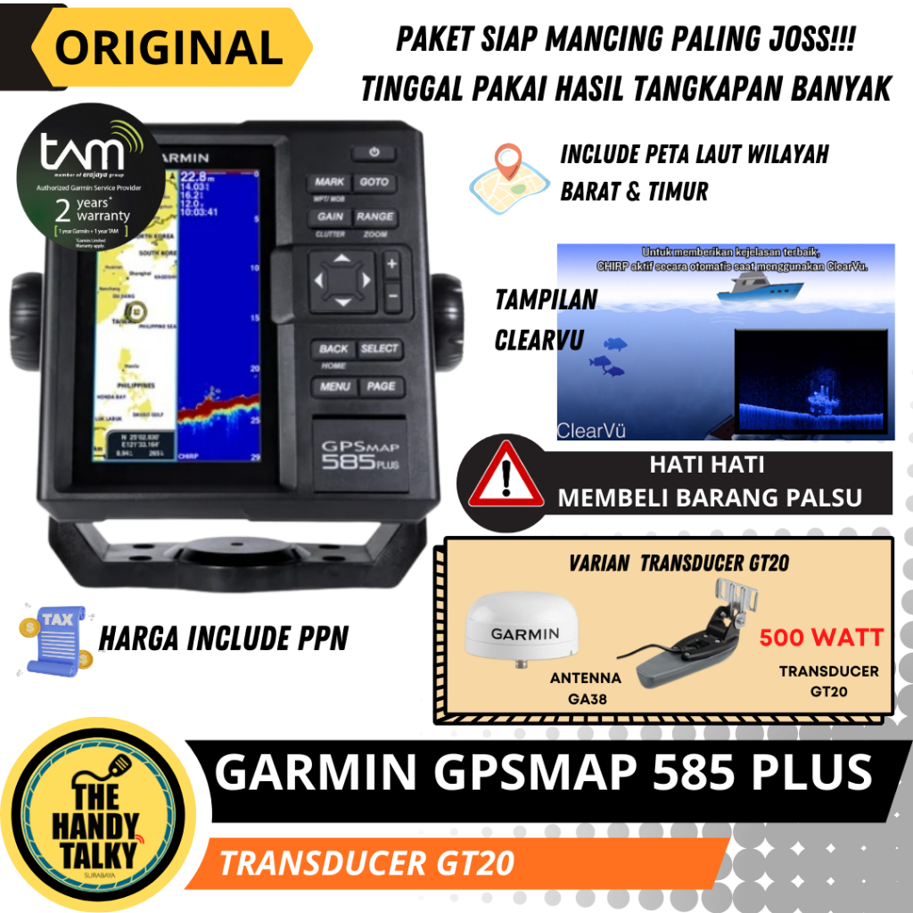 GARMIN GPSMAP 585 PLUS SEA CLEARVU TRANSDUCER GT20 NEW ORIGINAL GARANSI RESMI TAM