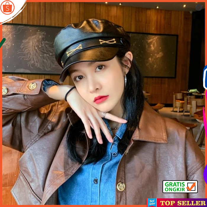 Topi Wanita Baret Fashion Korea Hajatan Pesta Beret Kulit Hitam Retro Visor Cap Cewek Paris Model Terbaru G4