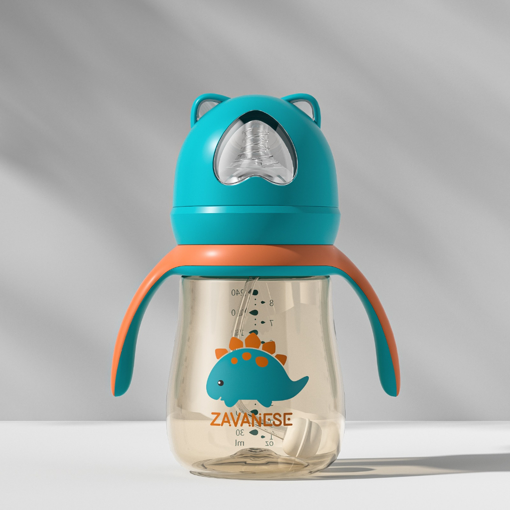 *COD* Botol Minum Bayi Zavanese 2in1& 3in 1 Dot dan Sedotan 240 & 300 ml Training Cup Karakter BPA Free-BOTOL 3IN1 BIRU