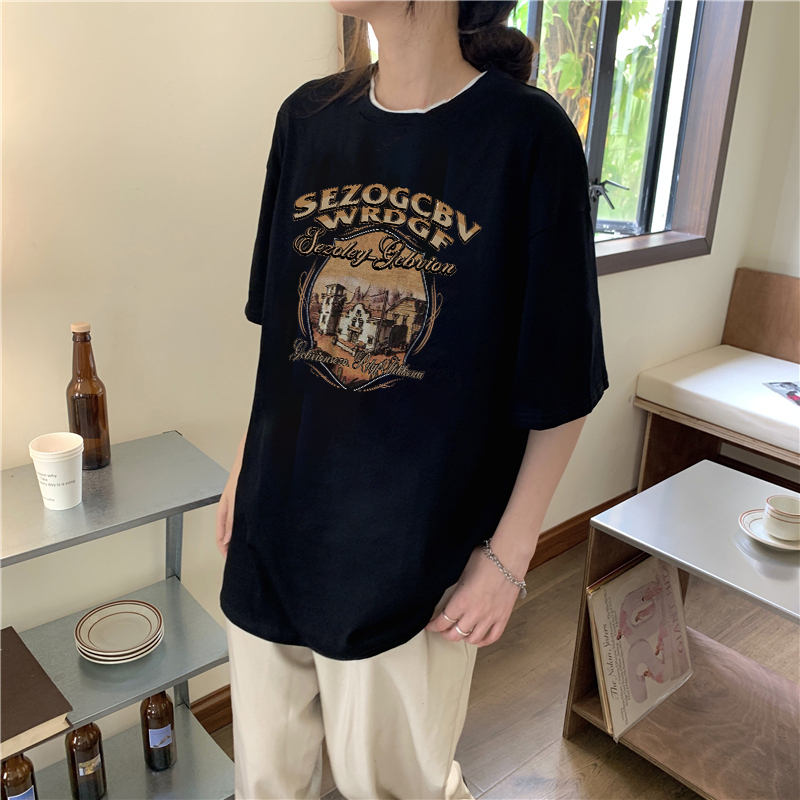 XiaoZhaiNv Kaos Atasan Oversize Wanita Retro House Pattern Lengan Pendek A0713