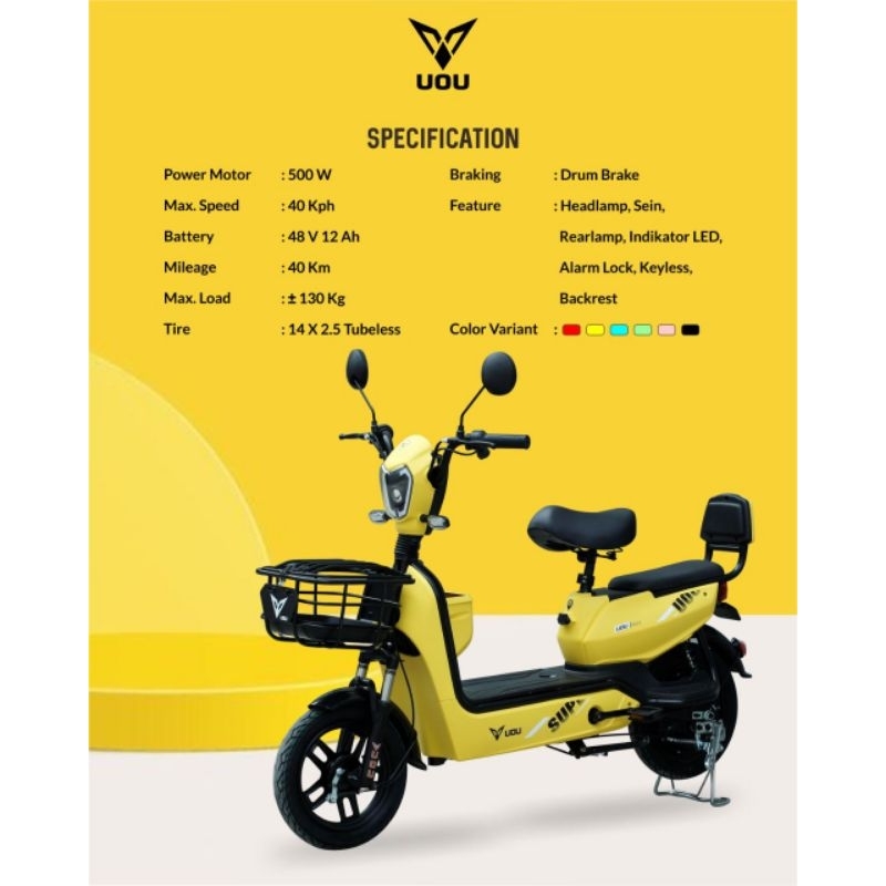 SEPEDA LISTRIK UOU US2 500 WATT 48V/12AH SPEDOMETER DIGITAL BERGARANSI