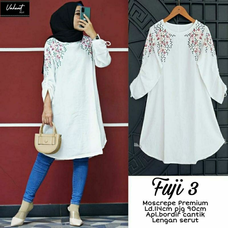 Fuji Tunik, TUNIK WANITA MUSLIM CANTIK FIT XXL LD 114 BAHAN MOSCREPE PREMIUM MIX BORDIR TERMURAH OOTD TERLARIS