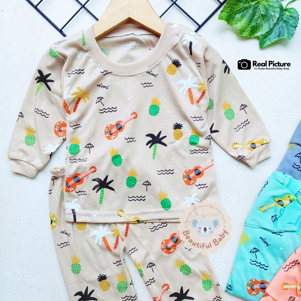 Setelan Piyama Baju Bayi Panjang Motif Gitar / Baju Tidur Bayi Lengan Panjang Celana Panjang / Kaos Oblong Bayi &amp; Anak Kancing Pundak / Baby.ou