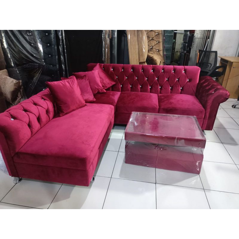 sofa L kancing putus bahan bludru mengkilat READY PROMO RAMADHAN BIG SALE