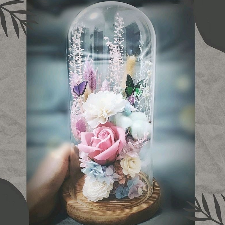 ready flower glass dome, dried flower, bunga mawar, bunga kapas, sola, hadiah wedding, hadiah ulang 