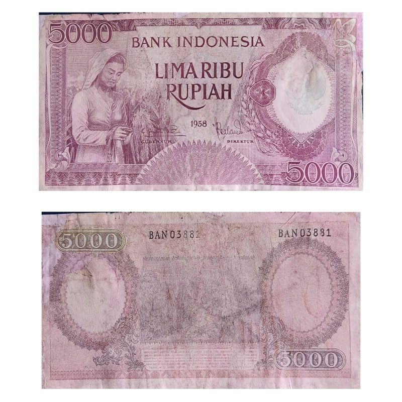 #Langka Uang Kuno Indonesia Series Pekerja 5000 rupiah Violet 1958 Kertas Renyah Original 100%