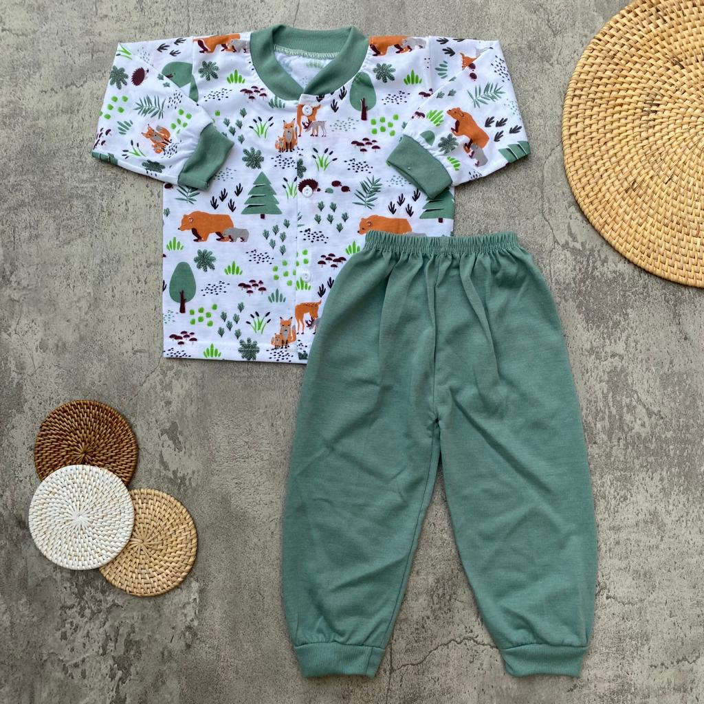 Setelan Baju Bayi Piyama Bayi Lengan Panjang Kancing Depan Motif Beruang Madu Usia 3-12 Bulan Almeera Baby and Kids