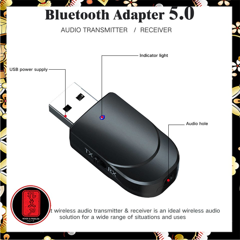 VIKEFON 2 in 1 USB Audio Bluetooth 5.0 Transmitter &amp; Receiver - KN330 - Black