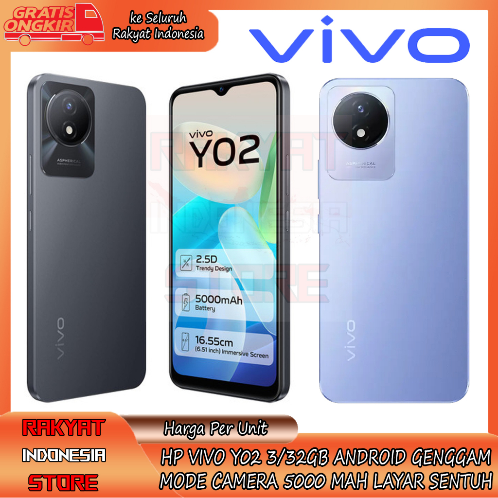 Hand Phone Vivo Y02 3gb 32gb 5000 Mah (Typ) 6.51 Inch Ram 3gb Rom 32 Internal Smarthpone Baru Origin