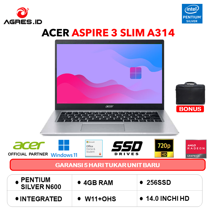 ACER ASPIRE 3 SLIM A314 PENTIUM SILVER N6000 4GB 256SSD W11+OHS 14.0 SLV -35.P5N3