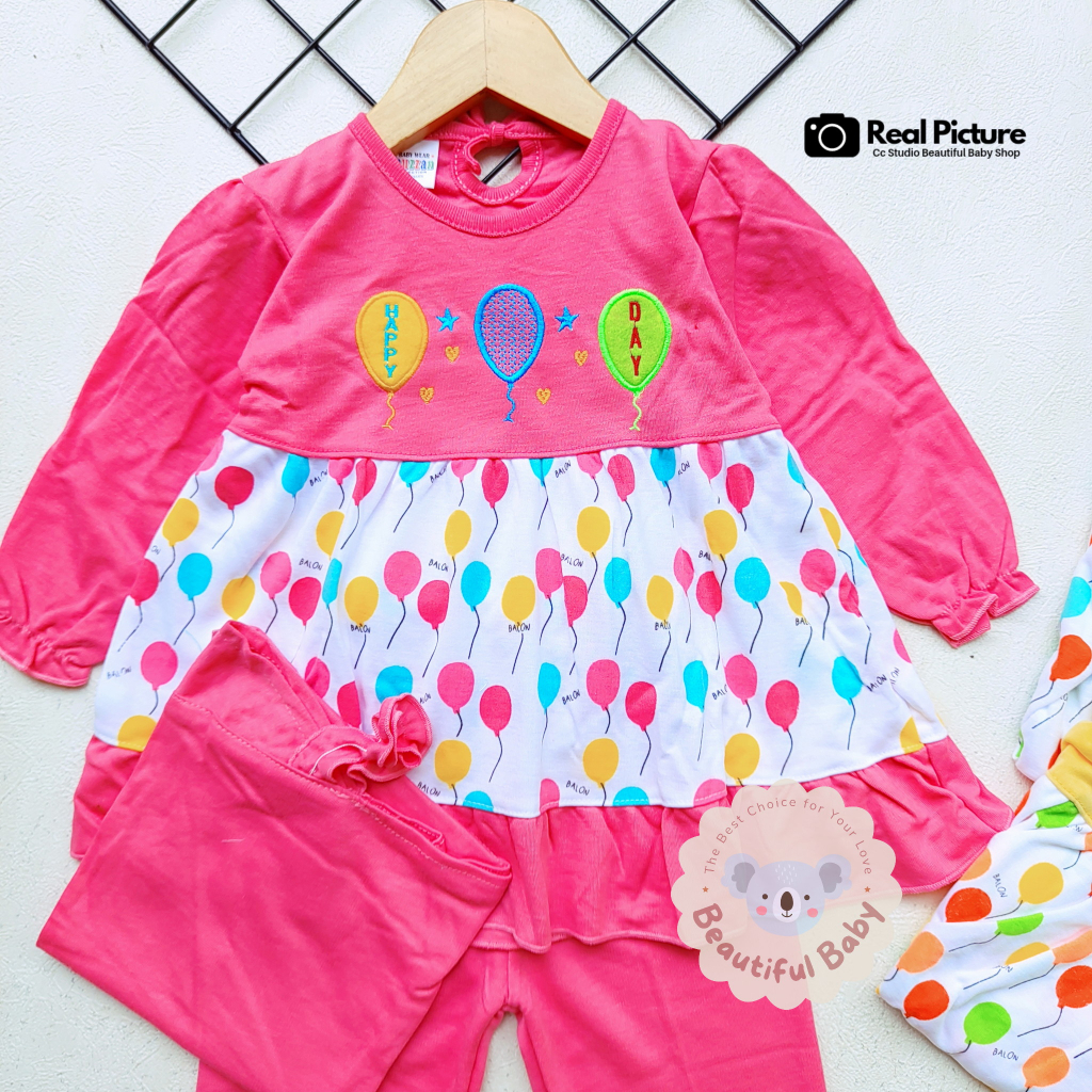 Baby.ou - Setelan Baju Bayi Muslim Perempuan 3-12 Bulan Motif Balon / Set Hijab Bayi / Kerudung Bayi / Gamis Bayi Perempuan