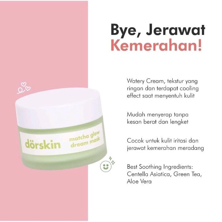 Dorskin Matcha Glow Dream Sleeping Mask Brightening Mask Untuk Jerawat Meradang Kemerahan Masker Wajah Untuk Tidur Menghidrasi Menenangkan dan Mencerahkan