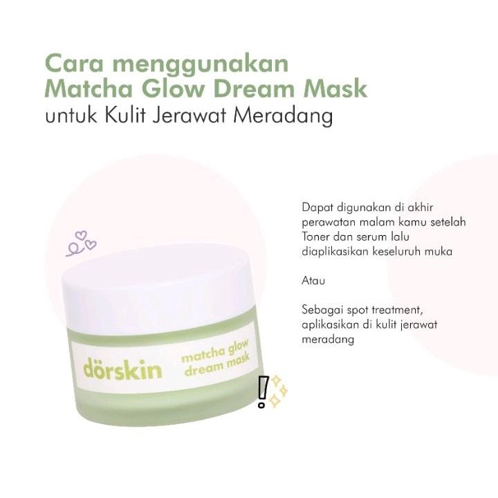 Dorskin Matcha Glow Dream Sleeping Mask Brightening Mask Untuk Jerawat Meradang Kemerahan Masker Wajah Untuk Tidur Menghidrasi Menenangkan dan Mencerahkan