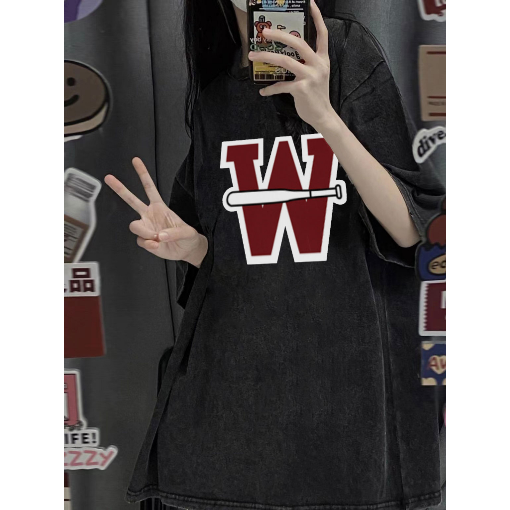 EUNII T-shirt Lengan Pendek Black Washed Vintage Baseball W Letter Printing Korean Style/Kaos Atasan Wanita/Baju Wanita/Kaos Wanita