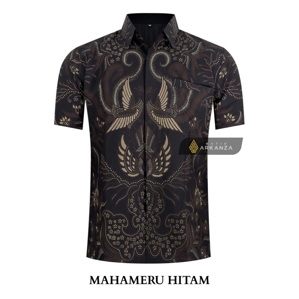 GUDANG BATIK ARKANZA Motif MAHAMERU HITAM Kemeja Batik Pria Slimfit Full Furing