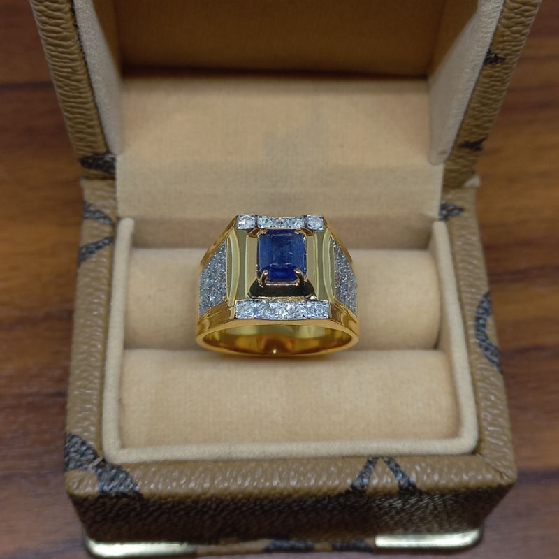 Cincin Blue Safir Pria Berlian Asli Silver Free Memo