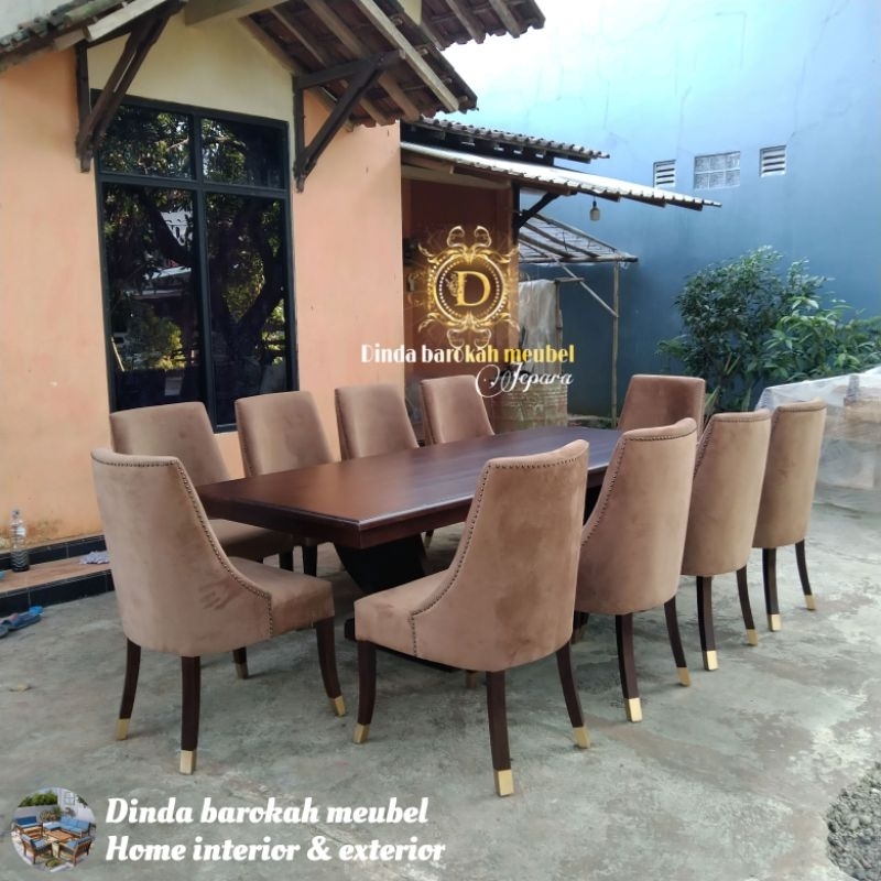 MEJA MAKAN VINTAGE SET 10 KURSI, MEJA KURSI MAKAN KAYU JATI MODERN BERKUALITAS