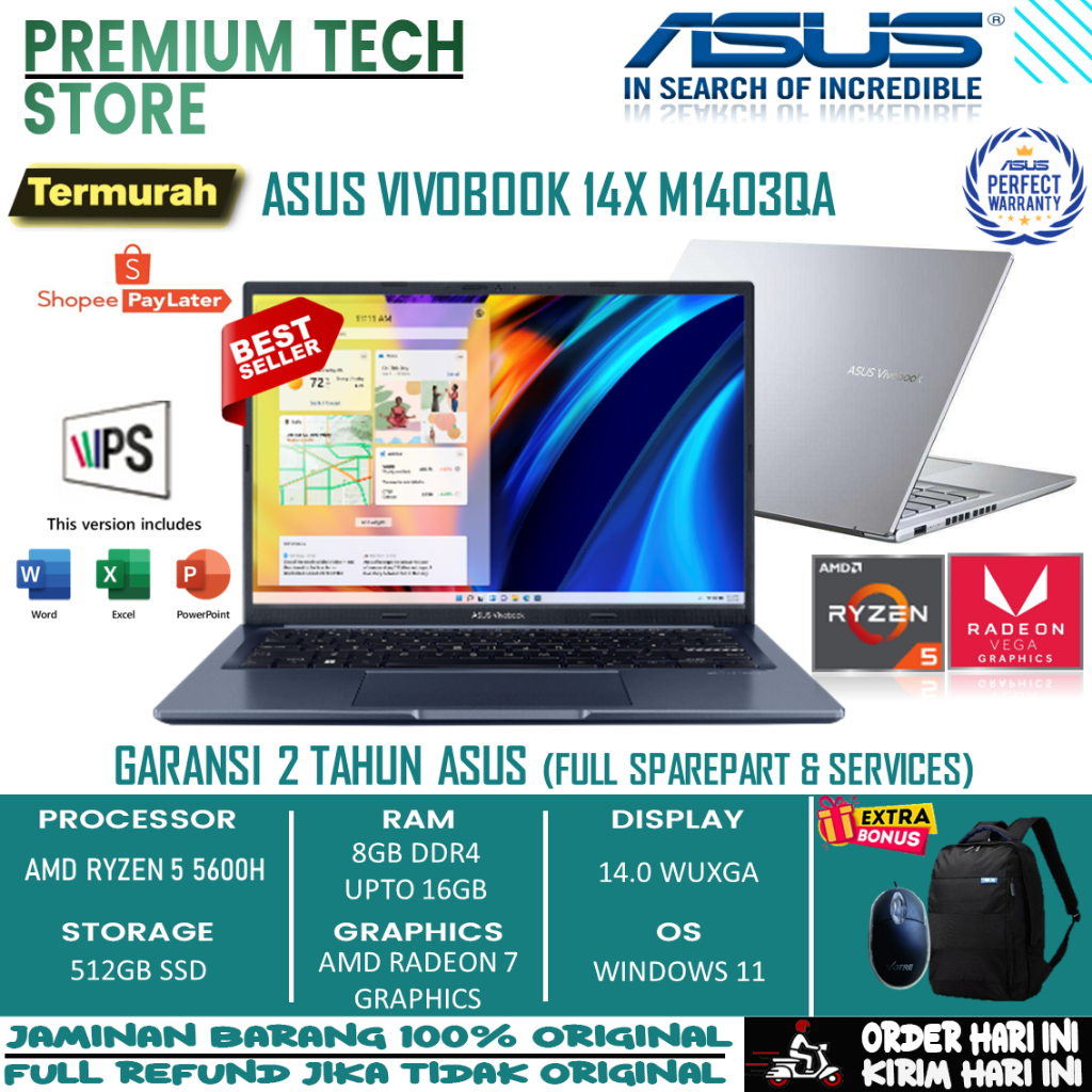 Promo Asus Vivobook 14X M1403QA Ryzen 5 5600H 16Gb 512Gb Radeon 7 IPS W11+OHS 14.0 WUXGA