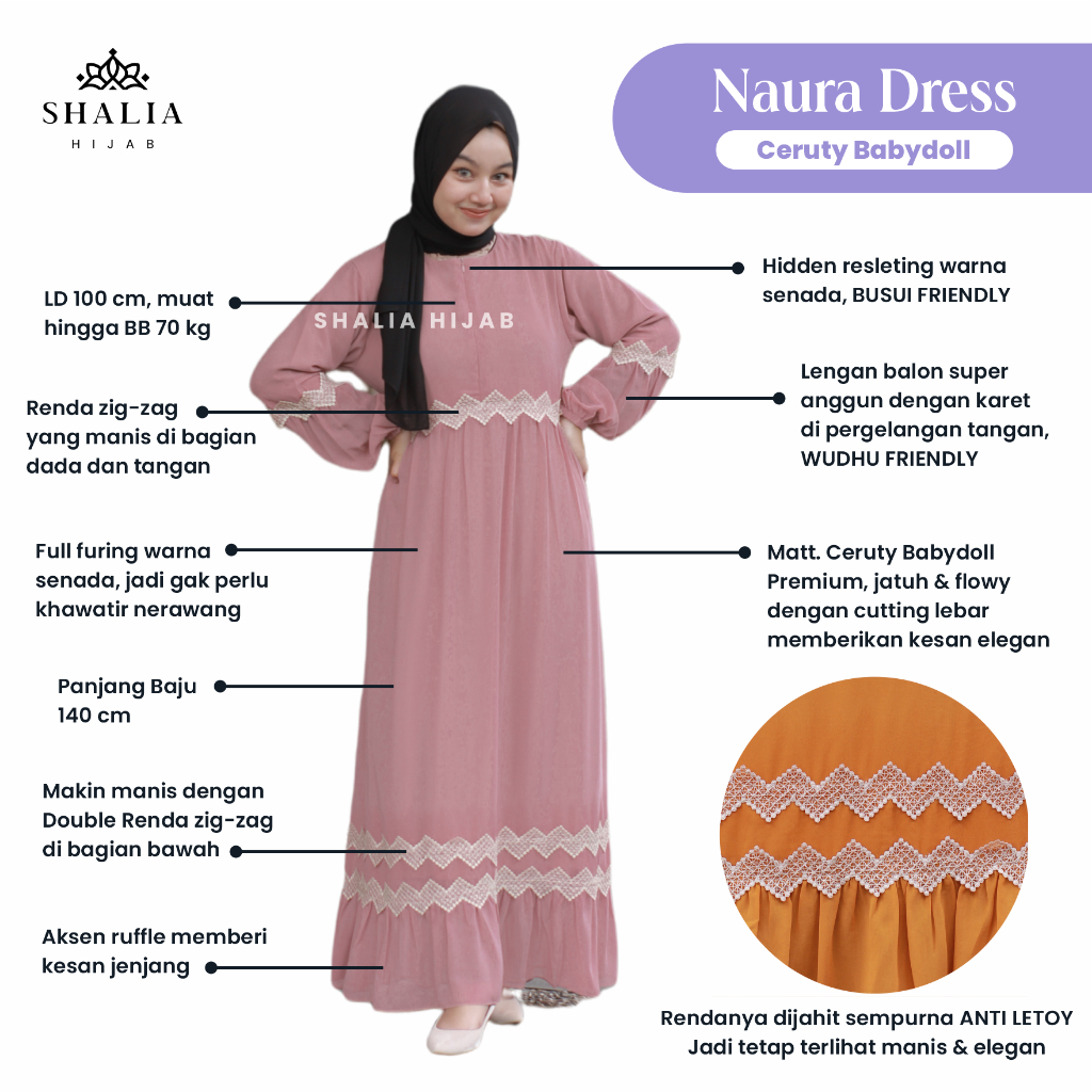EXCLUSIVE Shalia Hijab Gamis Kinan Ceruty Babydoll LD 100 110 Premium Polos Renda Bunga Arabian