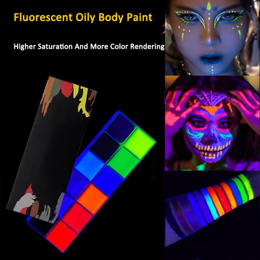 Face body paint painting cat wajah body art make up set kit wajah oil based anak warna 12 rainbow glow in the dark neon uv free brush kuas halloween