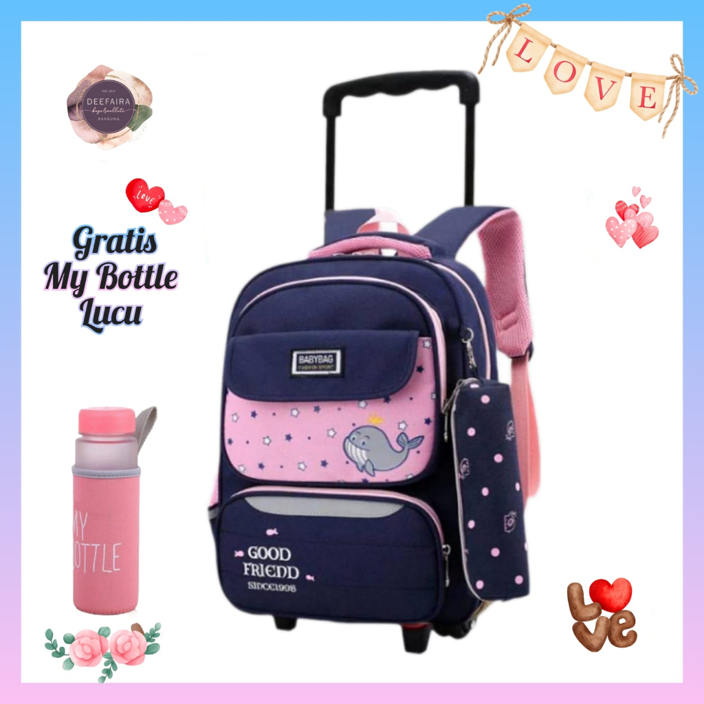 Tas Ransel Troli Anak Perempuan Model Pauss Bin Gratis Botol Minum Lucu Tk Paud Dan Sd