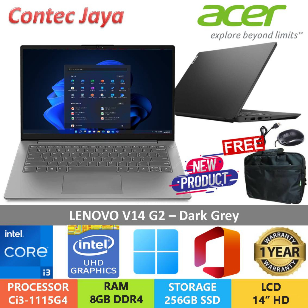 Laptop LENOVO V14 G2 - i3-1115G4 8GB 256GB SSD Win11 Pre 14"HD