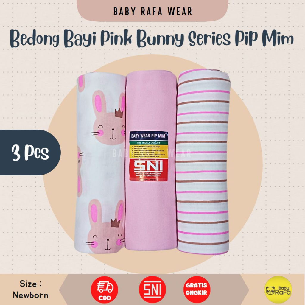 3 pcs Bedong Bayi Perempuan PINK BUNNY Bahan Kaos Strech 110 x 90 cm Merk PIP MIM BABY