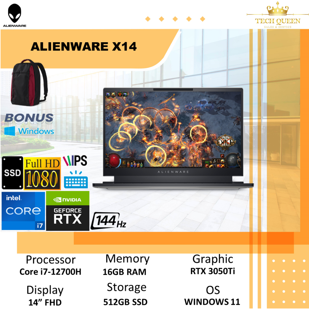 DELL ALIENWARE X14 - RTX3050TI 4GB I7 12700 16GB 512SSD WINDOWS 11 14.0 INCHI FHD 144HZ LUNAR