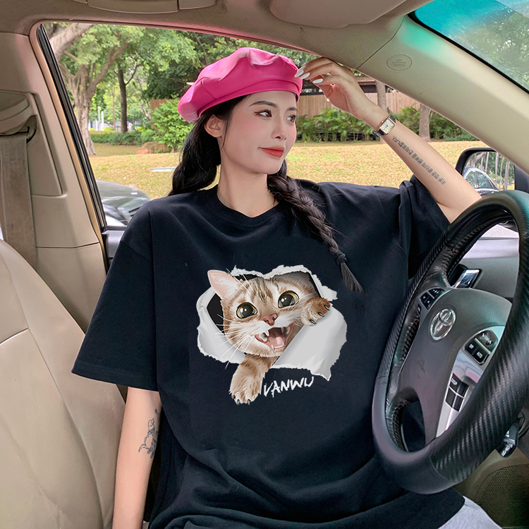 XiaoZhaiNv Kaos Atasan Oversize Wanita Broken Window Kitten Pattern Lengan Pendek A0514