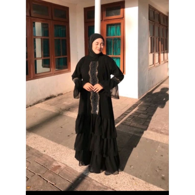 abaya humairoh swarovski dg rempel sifon bwh tumpuk 3susun cantik bgt real pic 100%