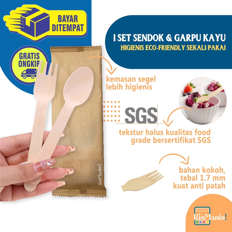 ECO-FRIENDLY WOODEN SPOON &amp; FORK SET - 1 Set Alat Makan Peralatan Sendok Garpu Kemasan Segel Seal Higienis Bahan Kayu Birch Tekstur Halus Kualitas Food Grade Ramah Lingkungan Praktis Sekali Pakai