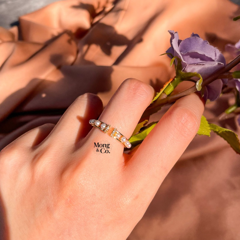 Mong&Co Shanti Adjustable Ring with Faux Pearl - Cincin Wanita Lapis 14K Gold Plated