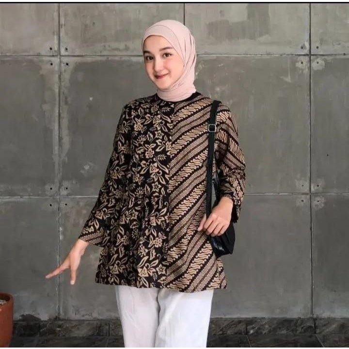 Batik Wanita Modern Blouse Batik Terbaru Warna Coklat Sogan Motif Batik Irma