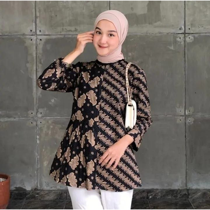 Batik Wanita Modern Blouse Batik Terbaru Warna Coklat Sogan Motif Batik Irma