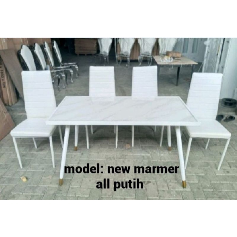 (Free Ongkir Jadetabek)TERLARIS Meja Makan Marmer Minimalis Set 4 Kursi Rangka Besi Stainless Dining Table