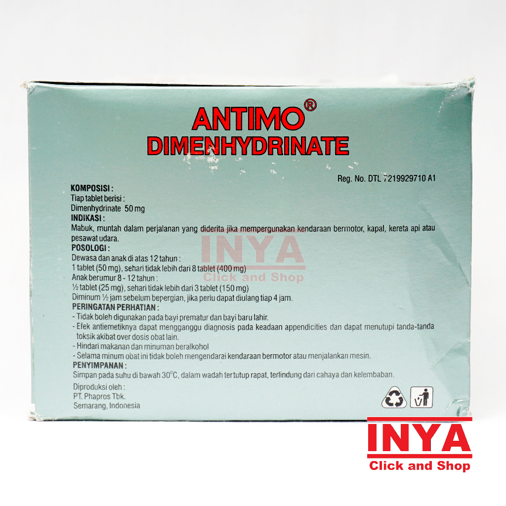 ANTIMO DIMENHYDRINATE PHAPROS 72x10 Tablet BOX- Obat Anti Mabuk Perjalanan