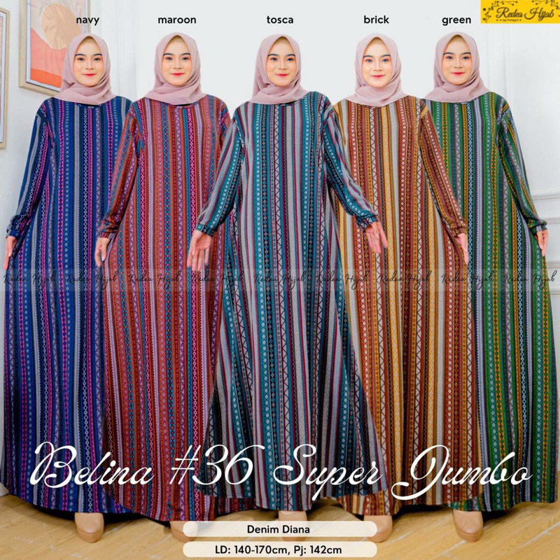 Gamis Wanita Belina#36 Jumbo Maxy Dress Bahan Kaos Denim Diana Motif Garis Allsize LD120 Melar 140