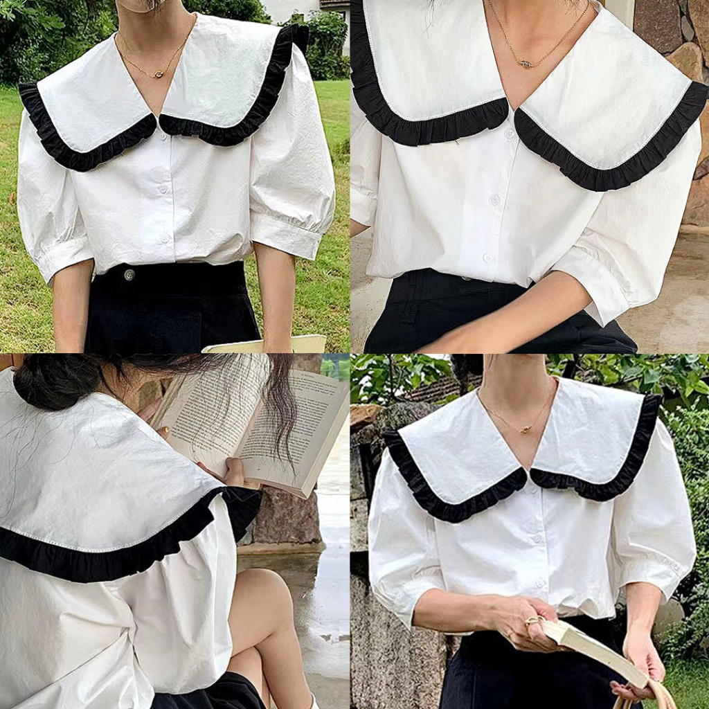 BLUS KATUN LINEN PUTIH KERAH OVERSIZED COLLAR LIS HITAM KOREA IMPORT