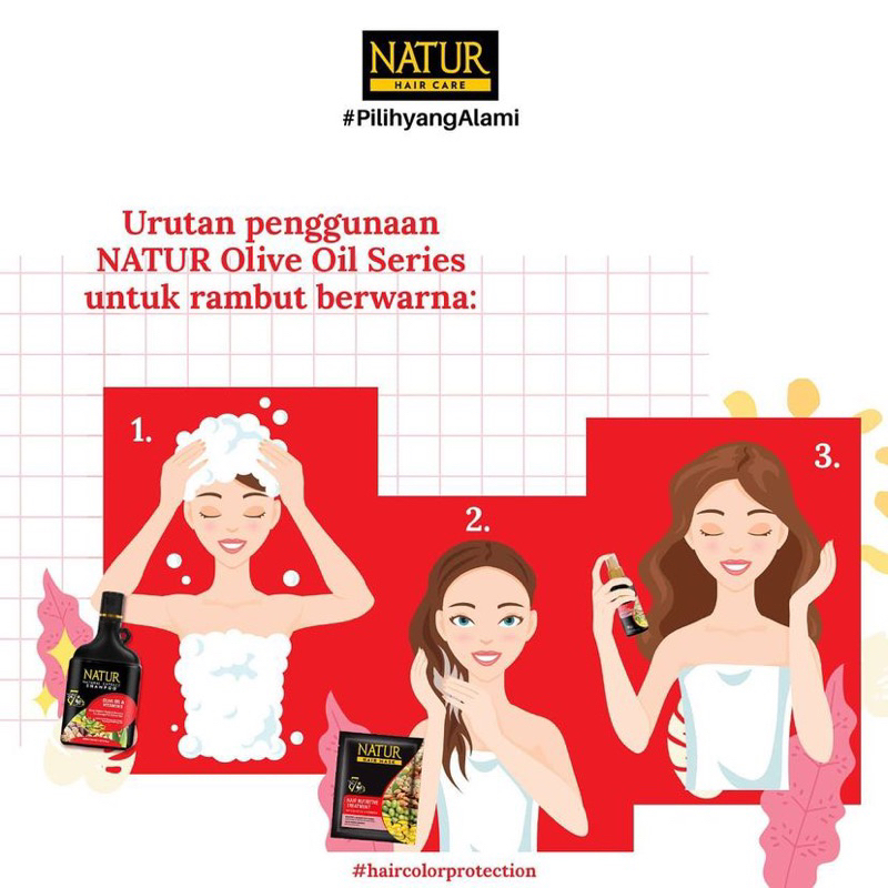 NATUR Hair Shampoo Olive Oil 140ML / Sampo Khusus Rambut Berwarna &amp; Bercabang with Vit E UVA UVB Filter BPOM