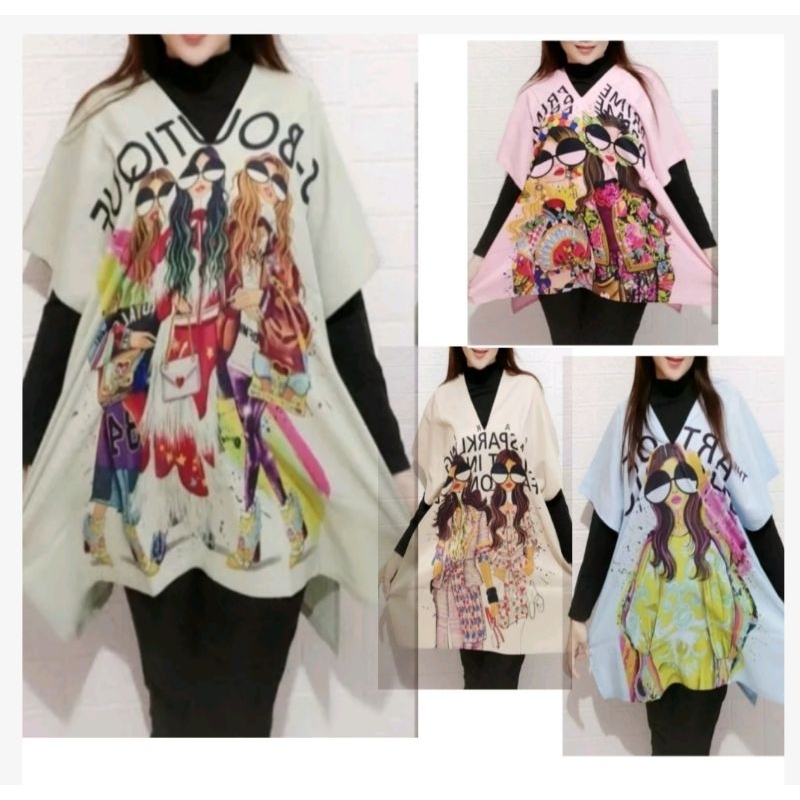 Baju Atasan Wanita Oversize Blouse/Tunik Belah Samping Leher V Motif Matcha